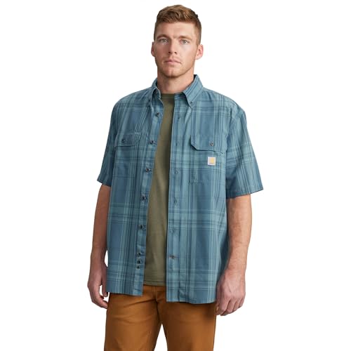 Carhartt Men's 106746 Loose Fit Midweight Short-Sleeve Plaid Shirt, Storm Blue, Medium