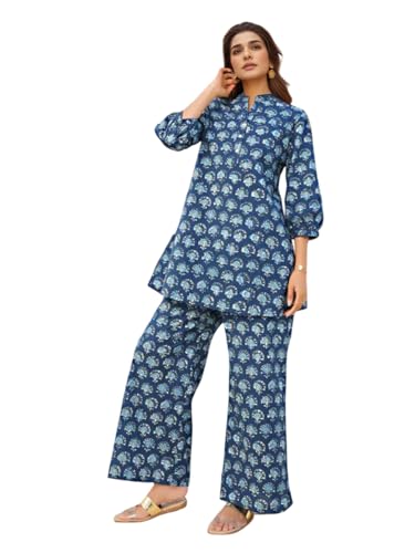 Image of NAINVISH Women's Floral Rayon Blend Co-ord Set | Straight Mandarin Collar Full Sleeve Top & Pant | Elegant Maroon, Blue Style | Ideal for Casual, Lunch, Evening Outings | Ladies Matching Outfit