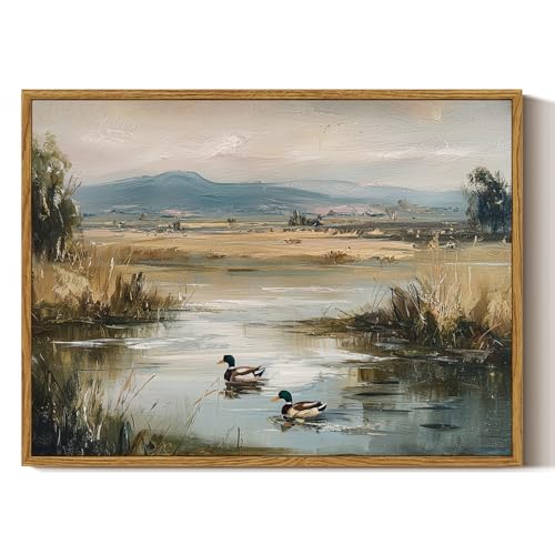 Image of ARPEOTCY Vintage Framed Canvas Wall Art, 12x16inch, Farmhouse Mallard Duck Pond Wall Decor, Country Art Prints Home Decorations, Landscape Paintings for Living Room Bedroom Shelf Decor