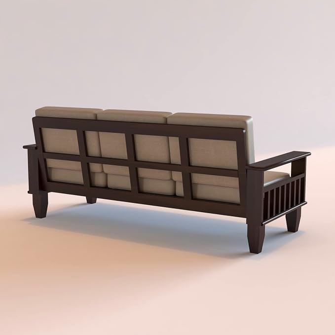 Image of Sheesham Wooden 3 Seater Sofa for Living Room | Rosewood 3 Seater Cushion Sofa with Side Newspaper Holder for Home & Office | Solid Wood Sofa Set for Lounge (Walnut)