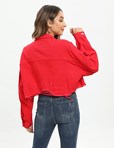 Locachy Women's Cropped Ripped Distressed Denim Jacket Casual Button Down Loose Jeans Coat Fringe with Frayed Hem2