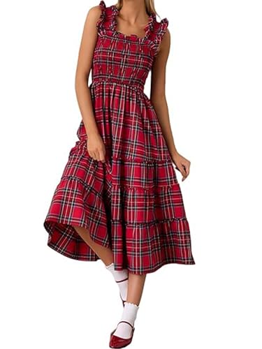 SANSIWU Damen-Maxikleid mit Karomuster, ärmellos, Vintage-Stil, Gingham-Muster, quadratischer Ausschnitt, gesmokt, fließend, A-Linie,...