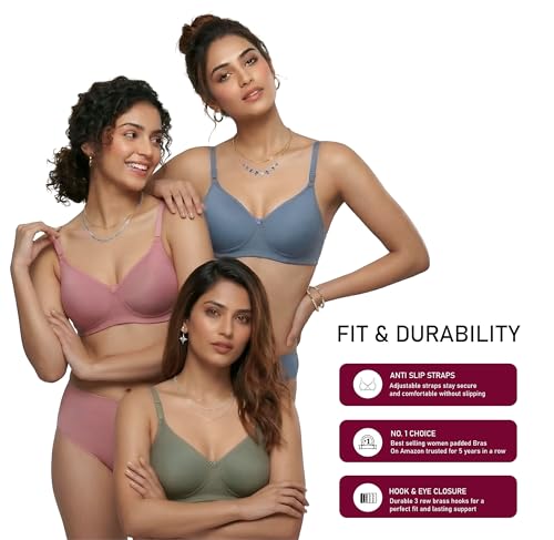 Image of Women's Pure Cotton Blend Lightly Padded Bra (Pack of 3) | Full Coverage Wirefree T-Shirt Bra | Soft Breathable Everyday Bra | Adjustable Straps | Comfortable Multicolor Bra