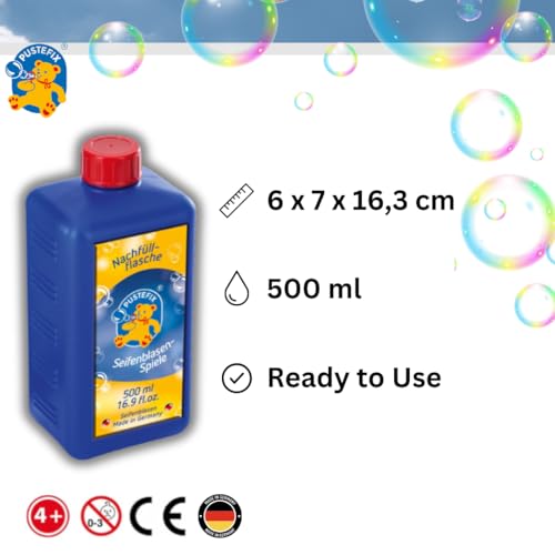 PUSTEFIX Refill bottle Midi, 500ml Bubble Solution, Colourful Bubbles, Made in Germany, Soap Bubbles Toy for Children's Birthdays, Weddings, Parties for Children and Adults