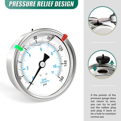 Image of 0-160PSI Stainless Steel Liquid Filled Pressure Gauge, 4 inch Dial Size, 1 /4 inch NPT Back Mount, for Tube, Water Pump, Gas, Liquid, Pressure Test (with Range Mark Pointer)