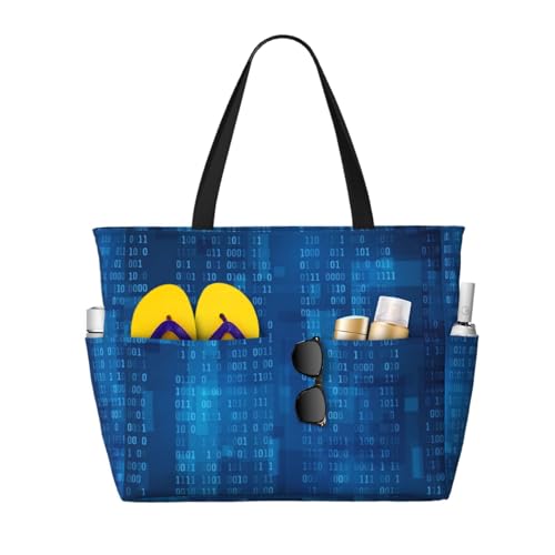 Grand sac de plage binaire bleu femme - Sac fourre-tout grand volume et sac à bandoulière d'été
