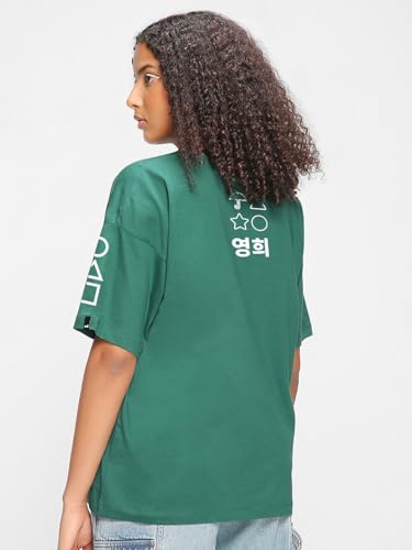 Image of Bewakoof X Squid Game Women's Cotton Jersey Graphic Print Oversized Fit Half Sleeve Round Neck T-Shirt | Casual wear | Streetwear | Oversized Tshirt for Woman Cotton| Baggy