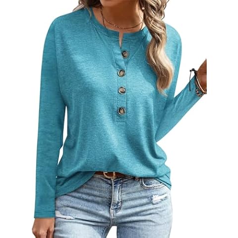 EADINVE Womens Crew Neck Long Sleeve Buttons Tops Fall Tshirts Tee Basic 2024 Blouse Loose Fit Henley Tops Teal Cover