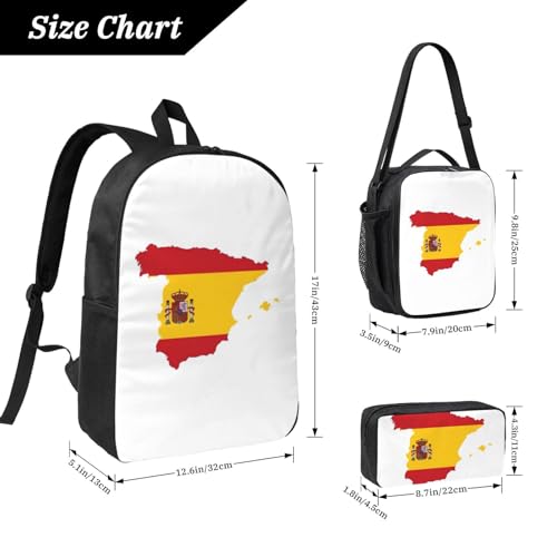 Spanish Flag Map print Shoulder Bookbags Lunch Bag and Pen Case 17 inches Backpack with Lunch Box, Cute Bookbag Set4