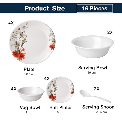 Image of Golden Fish 16 Pieces Complete Dinner Set for Home | 4 Full Plates, 4 Quarter Plates, 4 Veg Bowls, 2 Donga & 2 Serving Spoons | Ideal for Family Dining, Guests, Parties & Gifting
