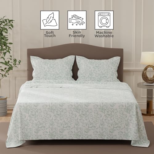 Image of Layers 100% Cotton Bedsheet for Double Size Bed | Lumina Floret Collection | 144 TC Soft & Breathable | Floral Print with 2 Pillow Covers | Wrinkle Free | 3 Piece Bedding Set - Green & White