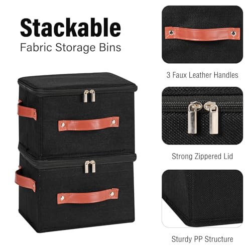 Image of Storage Bin Box with Zippered Lid Cotton Linen Fabric Decorative Basket with PU Leather Handles PP Plastic Board Foldable Lidded Clothing Shelf Closet Organizer Container (Black, Small)