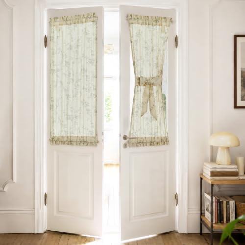 Image of jinchan Green Linen Floral French Door Curtains 40 Inch Rod Pocket 2 Panels