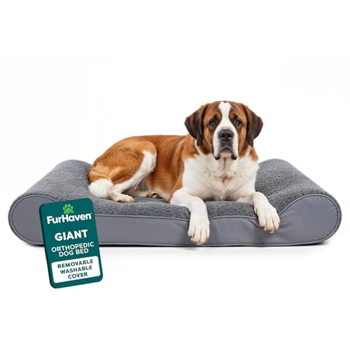 FurHaven Cama ortopédica para Perros extragrandes con Funda extraíble Lavable, para Perros de hasta 180 Libras, colchón de Contorno de Piel sintética Ultra Afelpada y Gamuza, Gris, Gigante/XXXL