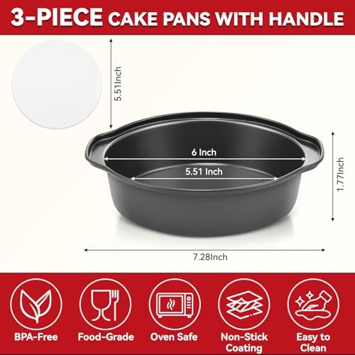 6 Inch Cake Pans - 3PCS Carbon Steel Cake Pan with 200 Parchment Papers, Round Cake Pans with Handle, Nonstick & Non-Toxic, Easy Demolding & Dishwasher Safe - Thumbnail 3