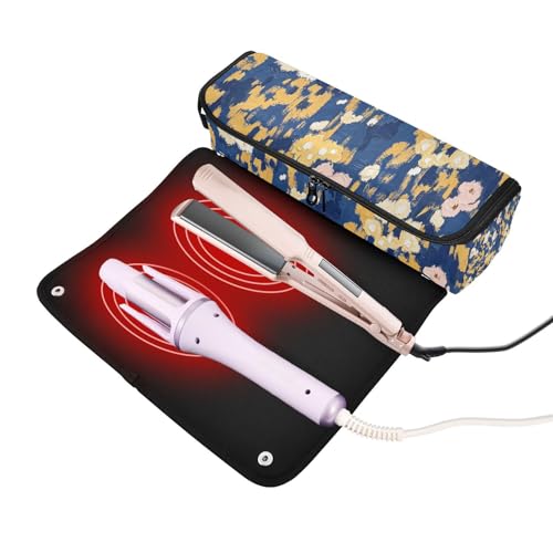 Bolsa de viaje para herramientas de cabello con tapete resistente al calor removible, impermeable para planchas, rizadores, organizador de viaje con estampado flor dorado marino miniatura 2