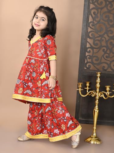 Image of superminis Girls Cotton Floral Printed Gota Patti Work Half Sleeves Sharara Suit