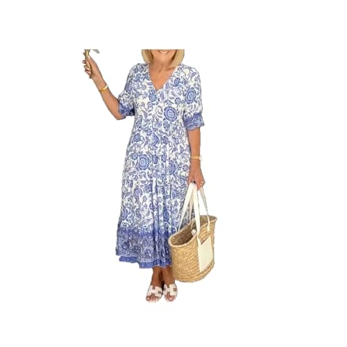 TAITUS Damen Sommer Casual Print V-Ausschnitt Langes Kleid Plus Size Bohème Wickelkleid mit V-Ausschnitt und Blumen (Blue,Medium)