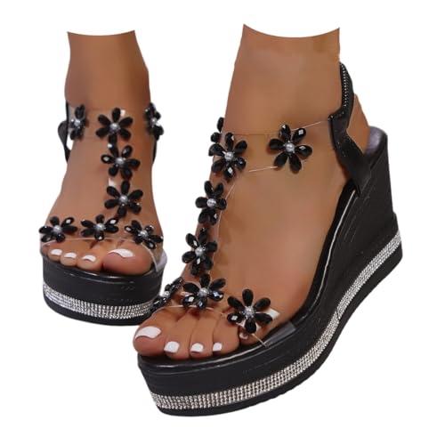 Orthopedic Wedge Sandals for Women,High Heel Wedge Sandals Rhinestones Sparkly Butterfly Platform Thick Soled (all black flower,