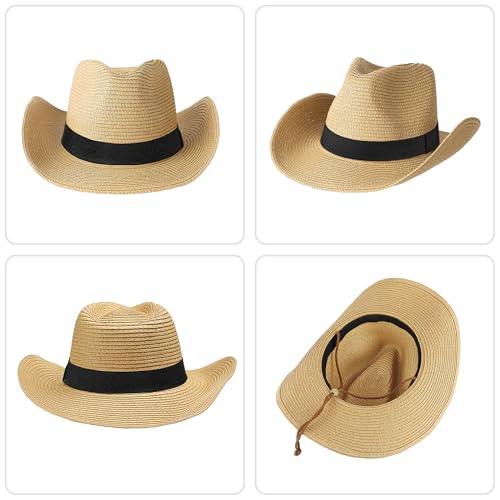 Image of Straw Cowboy Hat for Men Women Western Cowgirl Hats with Shapeable Wide Brim for Beach Sun Summer