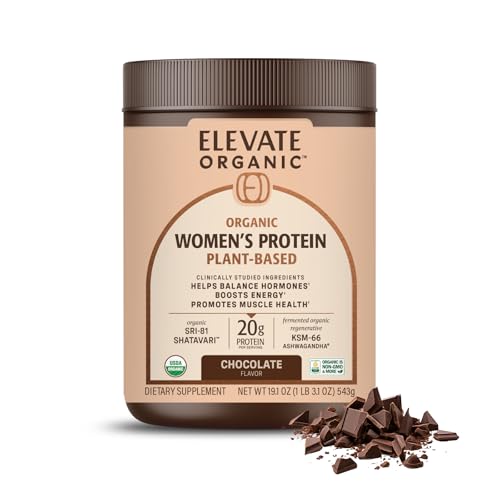Image of ELEVATE ORGANIC Women’s Plant Protein Powder, Chocolate, Pea Protein with KSM-66 Ashwagandha®, Organic SRI-81™ Shatavari & Acti Veda™ (20g Protein)