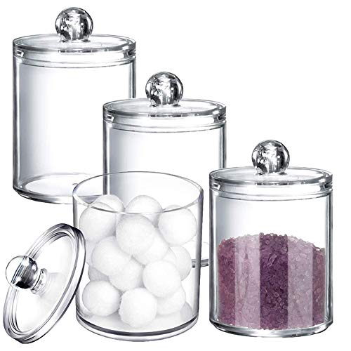 Bixcnggd 4 Pcs 10oz Plastic Cotton Swab Ball Pad Holder,Bathroom Containers,Clear Plastic Acrylic Jar,Clear Makeup Cotton Organizer for Cotton Ball,Cotton Swab,Bath Salts,Floss Picks,Makeup Sponges