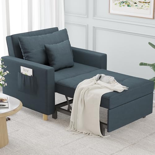 Esright 40 Inch Chair Bed 3-in-1 Convertible Futon Chair Multi-Functional Adjustable Reading Sofa, Sleeper Chair with Modern Linen Fabric, Navy Esright 40 Inch Chair Bed 3-in-1 Convertible Futon Chair Multi-Functional Adjustable Reading Sofa, Sleeper Chair with Modern Linen Fabric, Navy