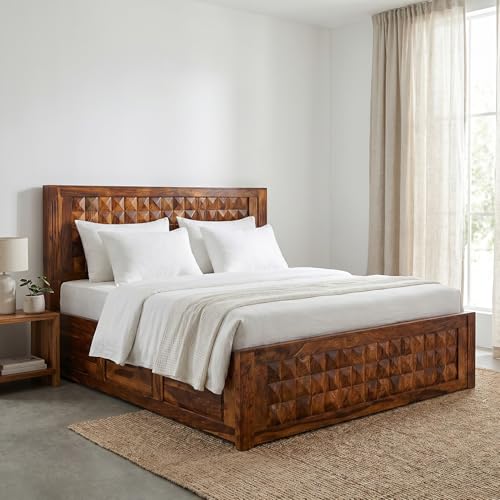 Image of Sheesham Wood Queen Size Bed with Front Opening Box Storage for Bedroom Living Room Home Hotel Wooden Double Bed Cot Palang Furniture (Honey Finish) - 1 Year Warranty