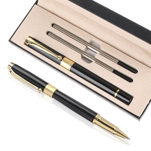 TIESOME Luxury Metal Ballpoint Pen Set, 0.5mm Business Rollerball Pens Black Ink Fine Point Pen with 2 Refills Fancy Pen Golden Trim Ball Pen with Gift Boxed for Colleagues Family(Black)