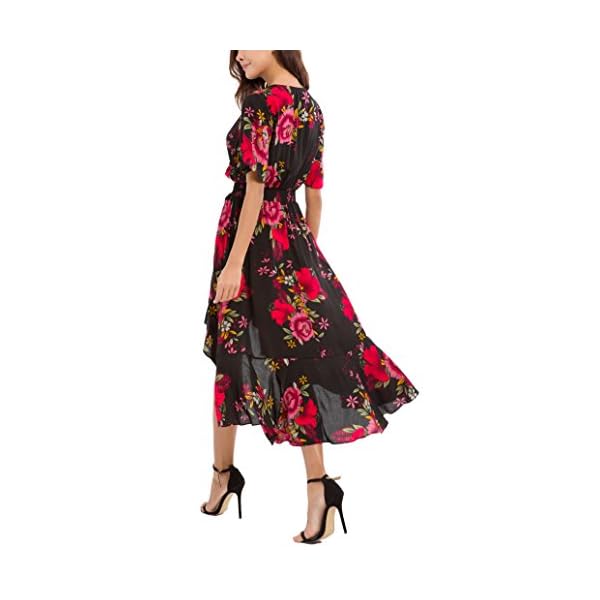 Kormei Womens Short Sleeve Floral High Low V-Neck Flowy Party Long Maxi Dress L Black&Red