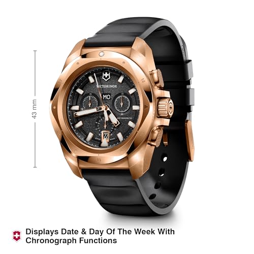Image of Victorinox I.N.O.X. Chrono, Swiss Made Chronograph Men's Watch, 43 mm Black Dial, 200M Water Resistance, Rose Gold PVD Stainless Steel Case and Bezel (Black Rubber Strap - 249177)