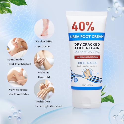 Urea Creme 40 Prozent, Fußcreme sehr Trockene Füsse, Hornhaut Entferner & Schrundensalbe mit Befeuchten, Fusspflege für Sehr Trockene Füße, Urea Lotion, für Hände und Füße – Bild 3