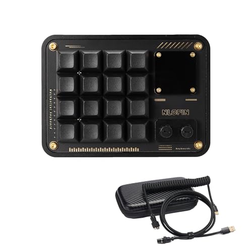NLOFIN Programmable Designer Macro Pad with Double Knob 16 Keys Custom Mini Keyboard Screen with Coiled Keyboard Cable