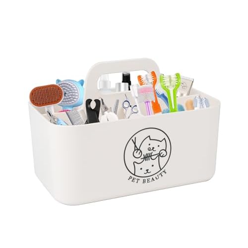 Minimalist White Dog Cat Grooming Supplies Organizer, Portable Caddy with 5 Compartments