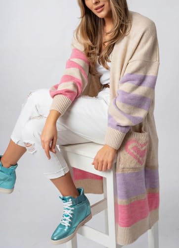 chouyatou Women's Fall 2025 Color Block Long Cardigan Sweater Oversized Open Front Knitted Cardigan Coat with Pockets3