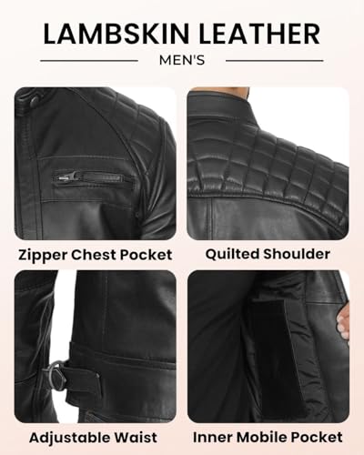 Image of Blingsoul Men's Leather Motorcycle Style Jacket - Quilted Cafe Racer Biker Style Jacket for Men