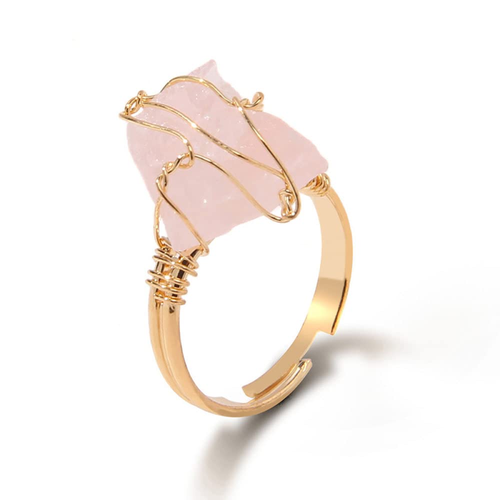 LODMLOER Irregular Rose Quartz Stone Ring-Women Full Wire Wrapped Fluorite Gold-color Resizable Reiki Crystal Jewelry,Handmade Cocktail ring for Party Wedding Jewelry,pink crystal,Resizable