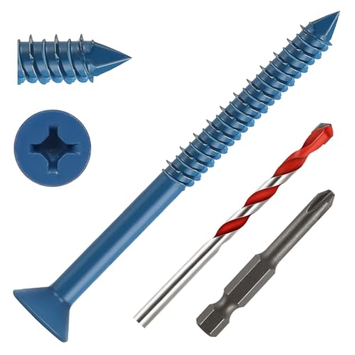 1/4" x 3-1/2" Concrete Screws, 50 PCS Blue Flat Head Concrete Screws Anchor Kit for Masonry, Cement, Block, Brick or Stucco