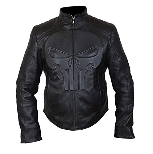 The Punisher Herren The Punisher White Skull Design Vintage Café Racer Schwarz Leder | Frank War Zone Tactical Style Leder Bikerjacke, Schwarz - Kunstleder, XL