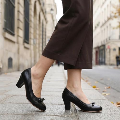 Image of Mona flying Women's Leather Chunky Pumps Dress High Heel Office Work Shoes