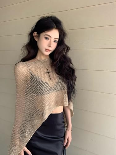 Poncho Summer, Mesh Womens Sheer Knit，Poncho Shrug, Pullover Sweater Lightweight Crochet Poncho Ruffle Top for Women(Gold)3