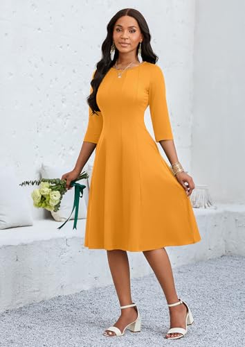 Image of CLOCOR Casual Midi Dresses for Women A-Line Fit and Flare Elegant Church 3 /4 Sleeve Crew Neck Dress with Pocket