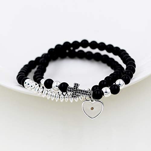 Uloveido White Black Beaded Natural Stone Bracelet, CZ Pave Side Cross Bangle Bracelets Stack Adjustable, Mustard Seed Beaded Jewelry (White) - Image 6