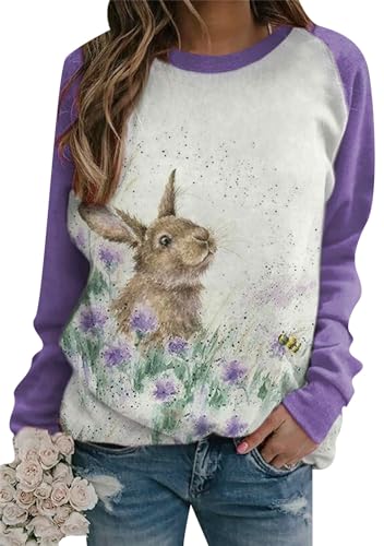 Image of Women's Easter Basic Sweatshirt Crew Neck Long Sleeve Sweatshirt Casual Loose Sweatshirt with Rabbit Print