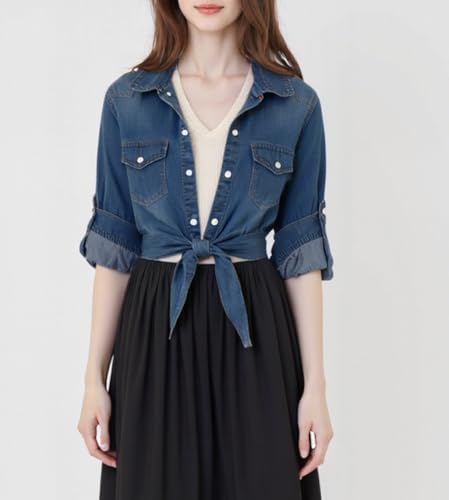 Simier Fariry Womens Tie Front Denim Shirt Summer Lightweight Jean Tops Roll Up 3/4 Sleeve Button Down Fall Cute Outfits3