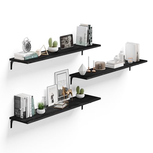 Image of Deep Floating Shelves, 12 Inch Extra Wide Solid Wood Wall Shelves, 48 Inch Long Heavy Duty Wall Mounted Bookshelf for Living Room, Kitchen and Bedroom, Set of 3 (Black)