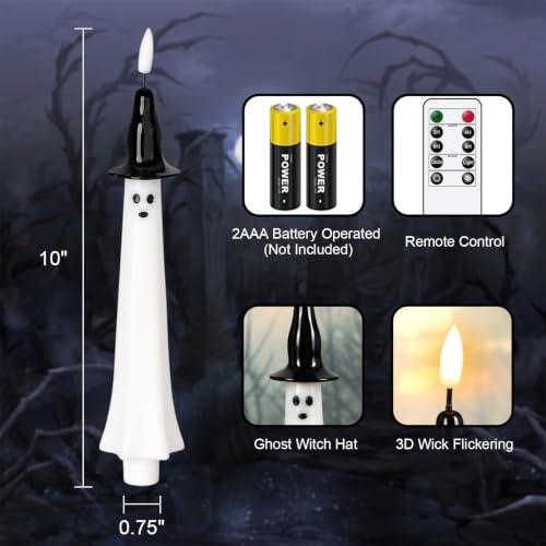 Image of Halloween Witch Flameless Taper Candles Battery Operated with Remote Timer, 400 Hours Long Lasting Real Wax 3D Wick Flickering LED Candlesticks Halloween Decor(2 Pack, 0.75 inch D x 10 inch H)