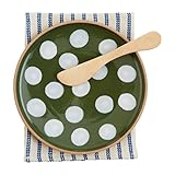 Mud Pie Dotted App Set, plate 6 1/2' dia, spreader 5 1/2', towel 21' x 14', Green