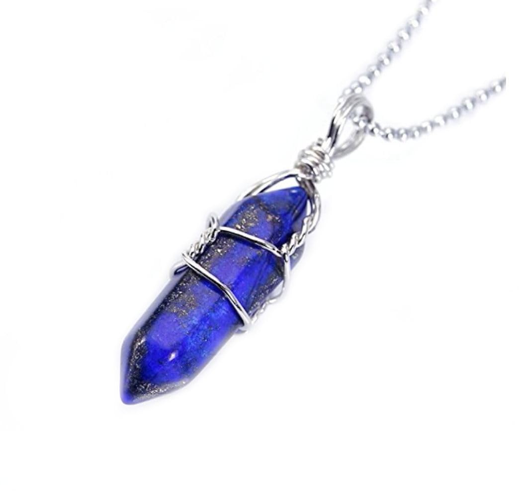 Natural Gemstone Bullet Pendant Necklace Wire Wrapped Healing Crystal Stone Quartz Reiki Chakra Energy Rock 18 Inch Stainless Steel Chain Tarnish Resistant Women Jewelry