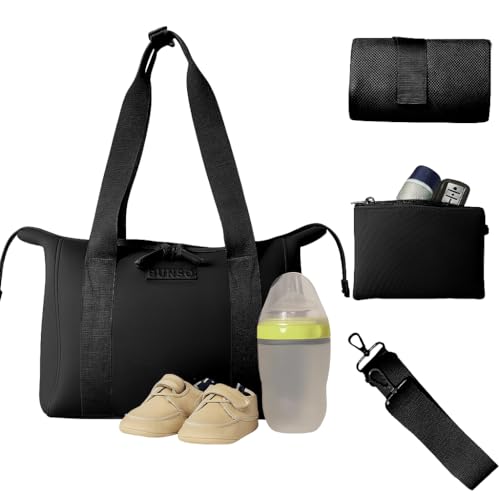 BUNSO Baby Diaper Bag Tote - Premium Neoprene Baby Diaper Bag with Portable Changing Pad & Pouch - Lightweight and Water-Resistant Diaper Bags - 12 x 7 x 8 Inches - Black